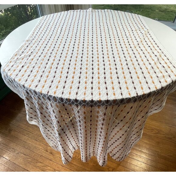 Vintage 70s curtain, white brown stripes, net woven mesh, rod head panel, for 1 - Picture 1 of 10